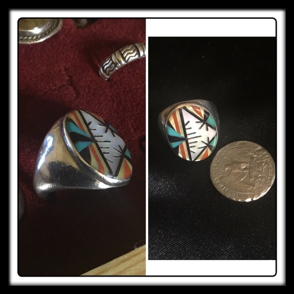 VINTAGE 70’s ZUNI CORAL TURQUOISE  ONYX PEARL RING - LARGE Sz 10.75 - Picture 4 of 7